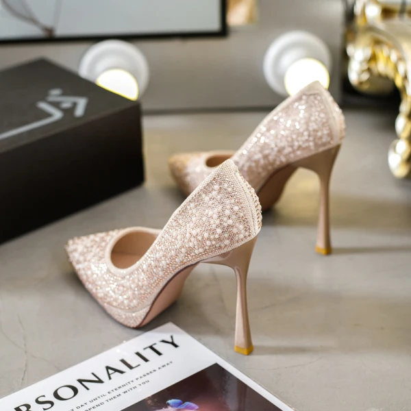 Charming Champagne Pearl Beading Rhinestone Wedding Shoes 2022 11 cm Stiletto Heels Pointed Toe Wedding Pumps High Heels