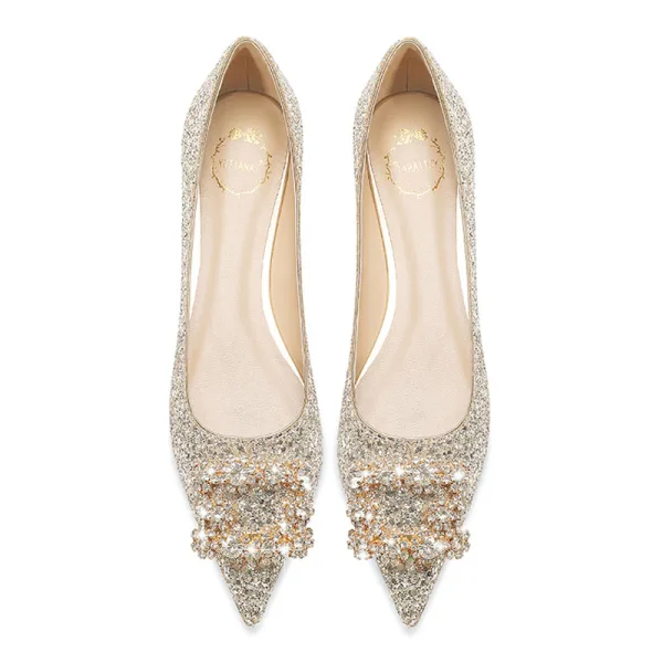 Glittrande Guld Rhinestone Paljetter Platt Brudskor 2022 Spetsiga Bröllop Klackskor