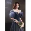 Fashion Navy Blue Suede Rhinestone Prom Dresses 2022 A-Line / Princess Scoop Neck Short Sleeve Backless Floor-Length / Long Formal Dresses