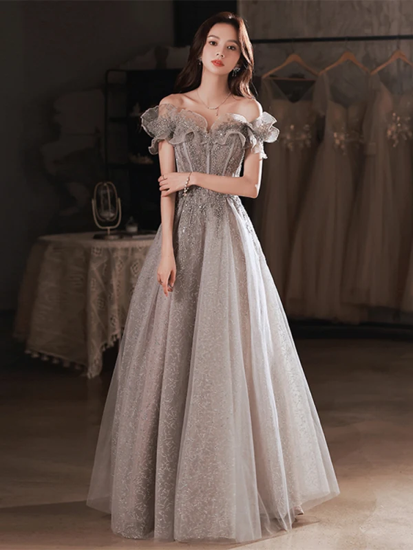 Charming Silver Prom Dresses 2022 A-Line / Princess Off-The-Shoulder Short Sleeve Backless Floor-Length / Long Formal Dresses