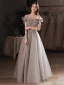 Charming Silver Prom Dresses 2022 A-Line / Princess Off-The-Shoulder Short Sleeve Backless Floor-Length / Long Formal Dresses