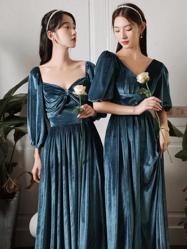 Modest / Simple Ink Blue Suede Bridesmaid Dresses 2022 A-Line / Princess V-Neck Short Sleeve Backless Floor-Length / Long Wedding Party Dresses