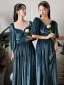 Modest / Simple Ink Blue Suede Bridesmaid Dresses 2022 A-Line / Princess V-Neck Short Sleeve Backless Floor-Length / Long Wedding Party Dresses