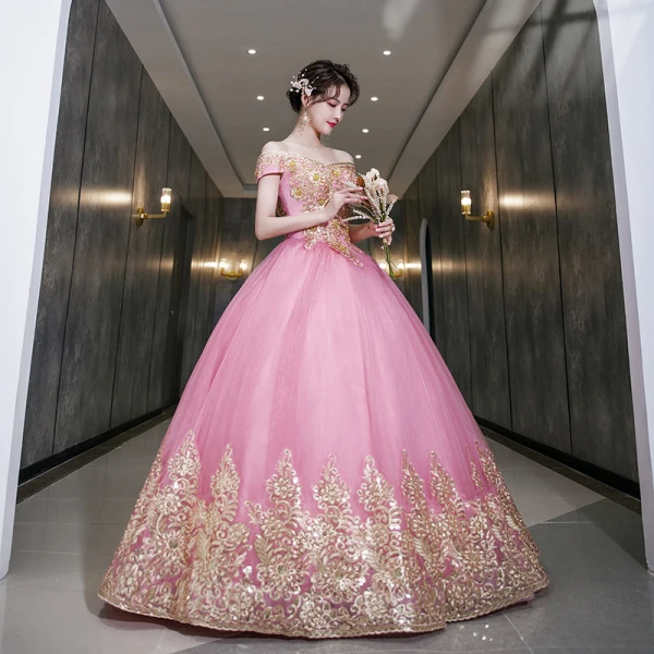 Chic / Belle Ethnique Rose Bonbon Robe De Bal 2022 Robe Boule De l'épaule Perlage Perle Paillettes En Dentelle Fleur Manches Courtes Dos Nu Longue Robe De Ceremonie