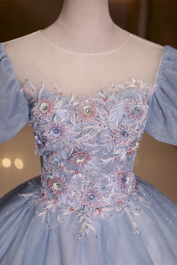Elegant Sky Blue Lace Flower Prom Dresses 2022 Ball Gown Scoop Neck Beading Pearl Sequins Rhinestone Puffy Short Sleeve Backless Floor-Length / Long Formal Dresses
