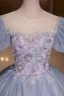 Elegant Sky Blue Lace Flower Prom Dresses 2022 Ball Gown Scoop Neck Beading Pearl Sequins Rhinestone Puffy Short Sleeve Backless Floor-Length / Long Formal Dresses