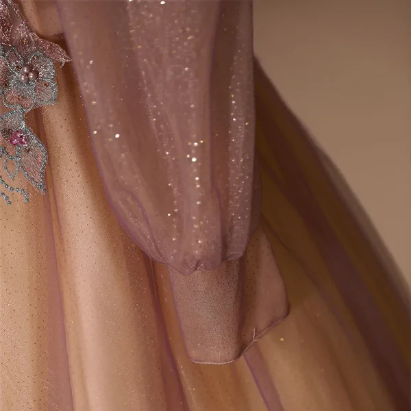 Elegant Purple Pearl Sequins Lace Flower Prom Dresses 2022 Ball Gown Off-The-Shoulder Long Sleeve Floor-Length / Long Formal Dresses