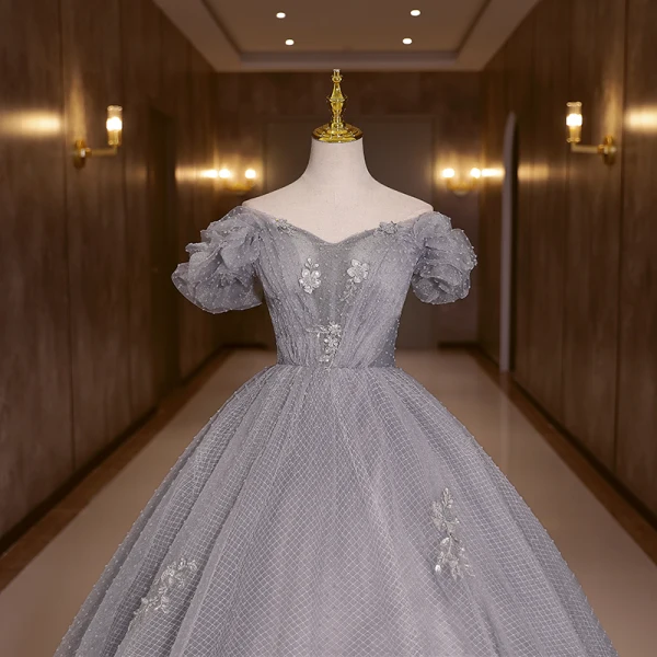 Élégant Gris Paillettes Robe De Bal 2022 Princesse De l'épaule Appliques Gonflée Manches Courtes Dos Nu Longue Robe De Ceremonie