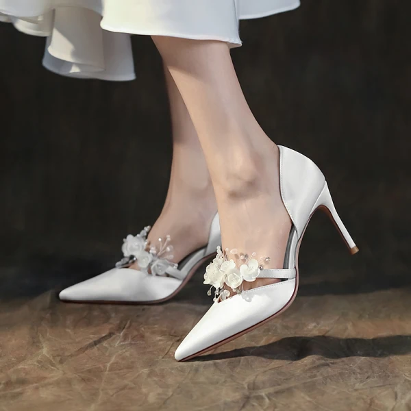 Charming White Pearl Appliques Wedding Shoes 2022 Leather 12 cm Stiletto Heels Pointed Toe Wedding Shoes High Heels
