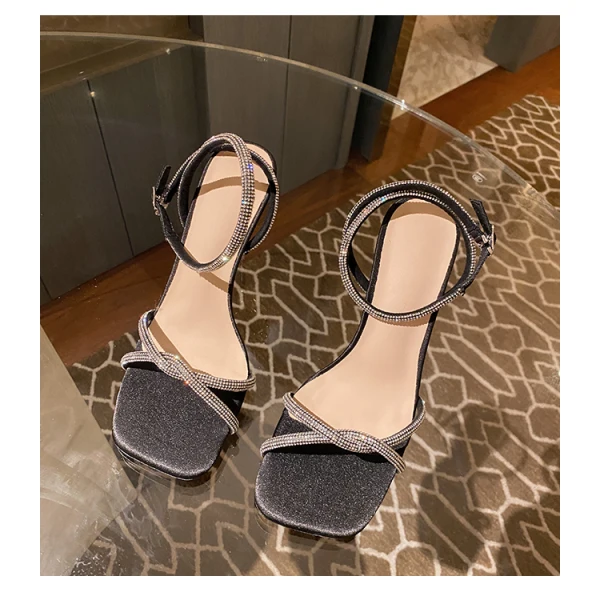 Sexy Silver Rhinestone Cocktail Party Evening Party Womens Sandals 2022 Leather Ankle Strap 9 cm Stiletto Heels Open / Peep Toe Sandals High Heels
