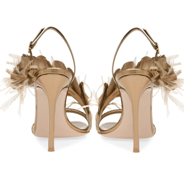 Sexy Champagne Prom Cocktail Party Womens Sandals 2022 Leather Feather Rhinestone 9 cm Stiletto Heels Open / Peep Toe Womens Sandals High Heels