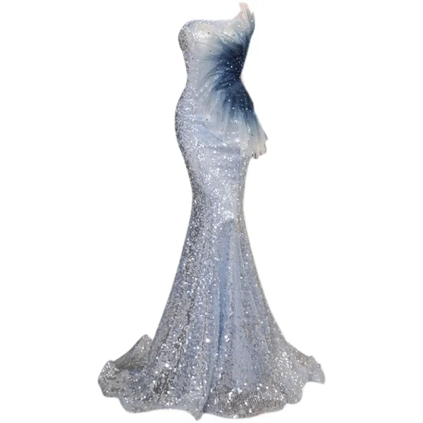 Scintillantes Sexy Bleu Ciel Paillettes Robe De Soirée 2022 Trompette / Sirène Bustier Perlage Faux Diamant Sans Manches Dos Nu Train De Balayage Robe De Ceremonie