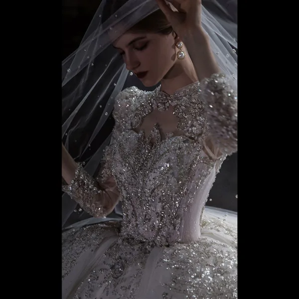 Luxury / Gorgeous Ivory Beading Pearl Sequins Cascading Ruffles Wedding Dresses 2022 Ball Gown Scoop Neck Long Sleeve Backless Royal Train
