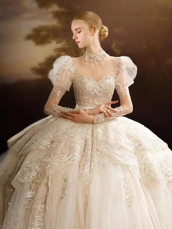 Luxury / Gorgeous Glitter Sequins Beading Pearl Lace Flower Ivory Wedding Dresses 2022 Ball Gown Scoop Neck Puffy Short Sleeve Sash Satin Bow Royal Train Wedding