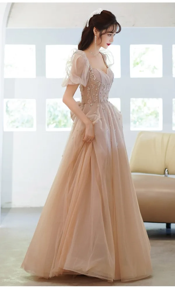 Chic / Belle Champagne Faux Diamant Paillettes Robe De Bal 2022 Princesse Encolure Carrée Gonflée Manches Courtes Dos Nu Noeud Longue Robe De Ceremonie