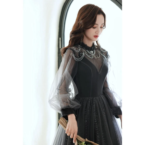 Chic / Belle Noire Perlage Faux Diamant Paillettes Robe De Bal 2022 Princesse Encolure Dégagée Manches Longues Dos Nu Longue Robe De Ceremonie