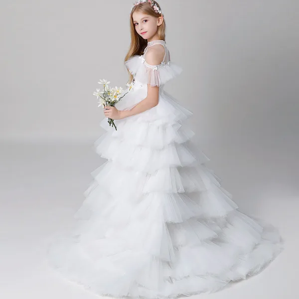Fashion White Butterfly Appliques Rhinestone Cascading Ruffles Birthday Flower Girl Dresses 2022 Ball Gown High Neck Short Sleeve Floor-Length / Long Flower Girl Dresses