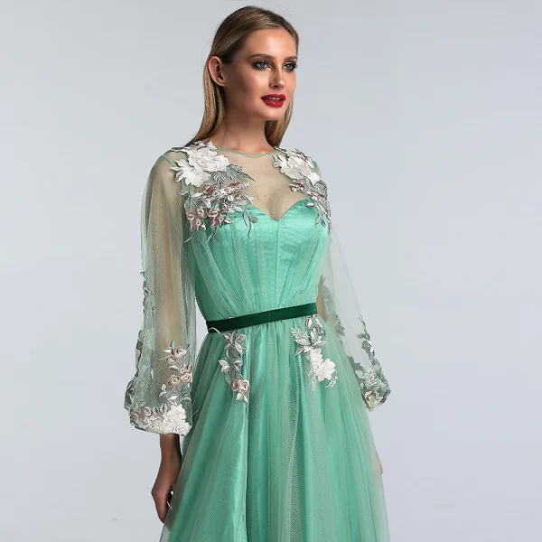Flower Fairy Sage Green Prom Dresses 2022 A-Line / Princess Scoop Neck Lace Flower Long Sleeve Floor-Length / Long Formal Dresses