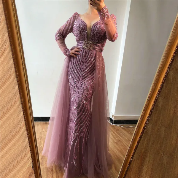 Haut de Gamme Rose Sombre Perlage Paillettes Robe De Soirée 2022 Trompette / Sirène Col v profond Ceinture Manches Longues Dos Nu Longue Soirée Robe De Ceremonie