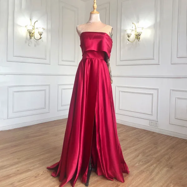 High-end Burgundy Satin Prom Dresses 2022 A-Line / Princess One-Shoulder Beading Rhinestone Sequins Long Sleeve Backless Split Front Floor-Length / Long Formal Dresses