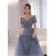 Charmant Bleu Ciel Glitter Faux Diamant Paillettes Robe De Bal 2022 Princesse Encolure Dégagée Manches Courtes Dos Nu Ceinture Longue Robe De Ceremonie