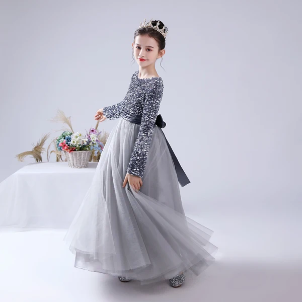 Chic / Beautiful Burgundy Sequins Birthday Flower Girl Dresses 2022 A-Line / Princess Scoop Neck Sash Bow Long Sleeve Floor-Length / Long Flower Girl Dresses