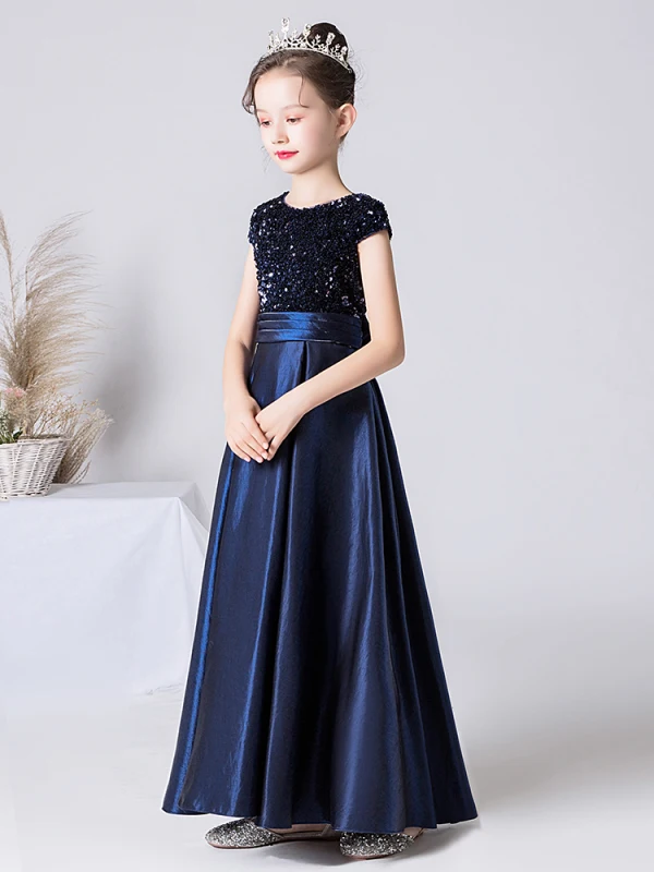 Chic / Beautiful Navy Blue Satin Sequins Birthday Flower Girl Dresses 2022 A-Line / Princess Scoop Neck Short Sleeve Bow Floor-Length / Long Flower Girl Dresses