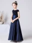 Chic / Beautiful Navy Blue Satin Sequins Birthday Flower Girl Dresses 2022 A-Line / Princess Scoop Neck Short Sleeve Bow Floor-Length / Long Flower Girl Dresses
