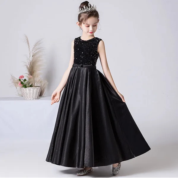 Chic / Beautiful Black Sequins Satin Birthday Flower Girl Dresses 2022 A-Line / Princess Scoop Neck Sleeveless Sash Floor-Length / Long Flower Girl Dresses