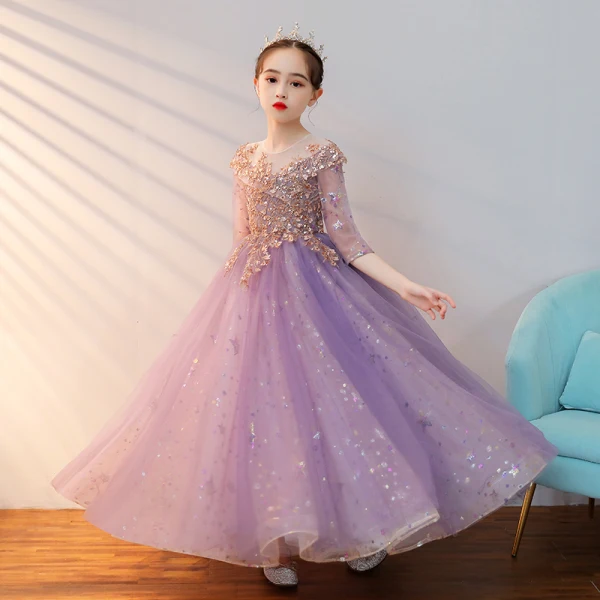 Chic / Beautiful Lilac Beading Sequins Birthday Flower Girl Dresses 2022 A-Line / Princess Scoop Neck 1/2 Sleeves Backless Floor-Length / Long Flower Girl Dresses