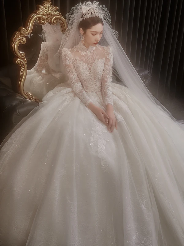 High-end White Beading Pearl Lace Flower Wedding Dresses 2022 Ball Gown High Neck Long Sleeve Backless Floor-Length / Long Wedding
