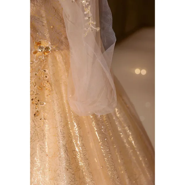 Scintillantes Champagne Glitter Perlage Perle Paillettes Robe De Bal 2022 Robe Boule Encolure Dégagée Manches Longues Dos Nu Longue Robe De Ceremonie