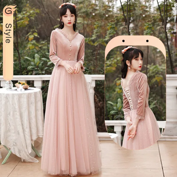 Chic / Beautiful Dusky Pink Suede Bridesmaid Dresses 2022 A-Line / Princess Pearl Sequins Long Sleeve Backless Floor-Length / Long Wedding Party Dresses