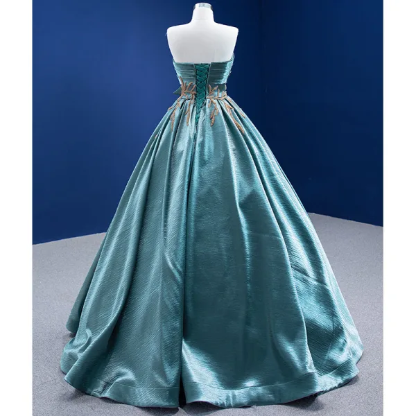 High-end Jade Green Prom Dresses 2022 Ball Gown Bow Strapless Sleeveless Backless Beading Floor-Length / Long Formal Dresses