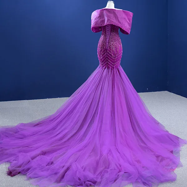 High-end Fuchsia Beading Pearl Sequins Prom Dresses 2022 Trumpet / Mermaid Scoop Neck Puffy Short Sleeve Chapel Train Formal Dresses