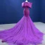 High-end Fuchsia Beading Pearl Sequins Prom Dresses 2022 Trumpet / Mermaid Scoop Neck Puffy Short Sleeve Chapel Train Formal Dresses