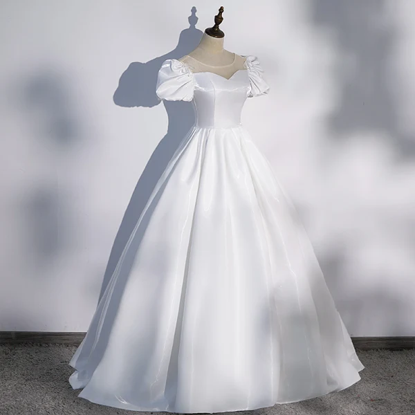 Elegant Black Satin Prom Dresses 2022 Ball Gown Scoop Neck Puffy Short Sleeve Beading Bow Backless Floor-Length / Long Formal Dresses