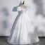 Elegant Black Satin Prom Dresses 2022 Ball Gown Scoop Neck Puffy Short Sleeve Beading Bow Backless Floor-Length / Long Formal Dresses