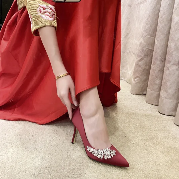 Chic / Beautiful Ivory Rhinestone Wedding Shoes 2022 9 cm Stiletto Heels Pointed Toe Wedding Pumps High Heels