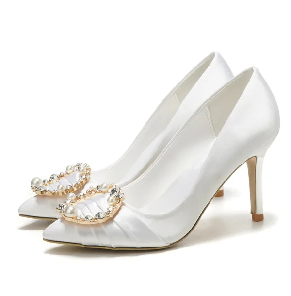 Élégant Ivoire Faux Diamant Perle Chaussure De Mariée 2022 9 cm Talons Aiguilles À Bout Pointu Mariage Talons Hauts