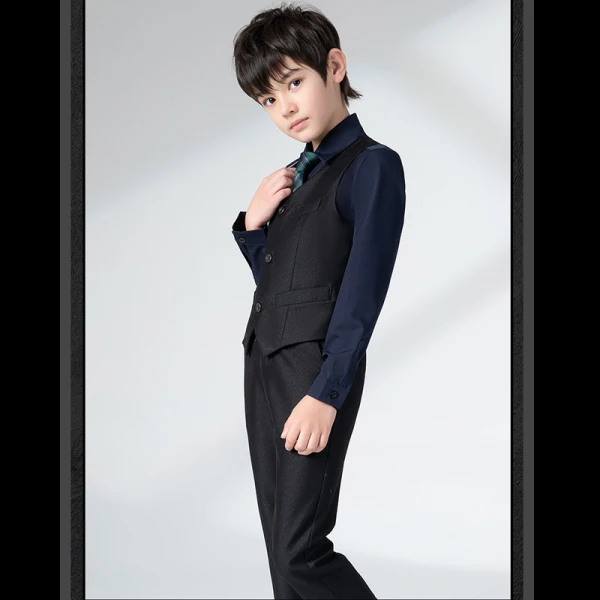 Fashion Navy Blue Long Sleeve Boys Wedding Suits 2022 Coat Pants Shirt Tie Vest Wedding