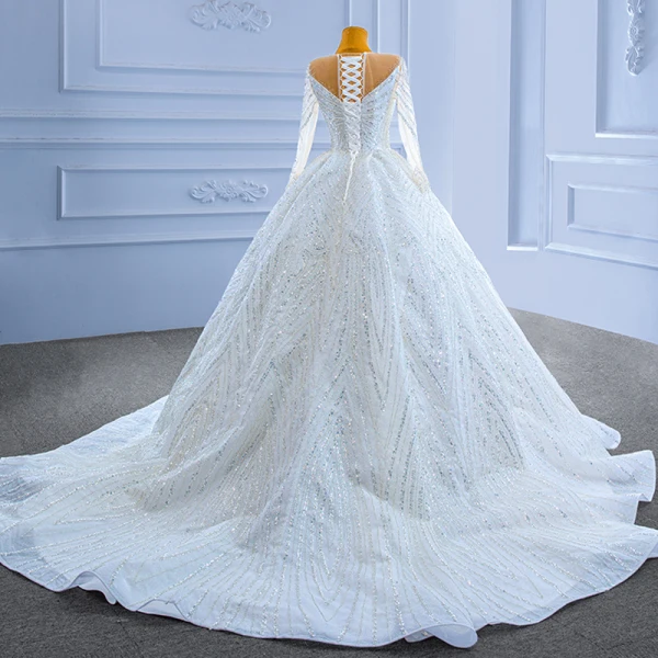 High-end Luxury / Gorgeous White Handmade  Beading Rhinestone Sequins Wedding Dresses 2022 Ball Gown Scoop Neck Long Sleeve Chapel Train Wedding