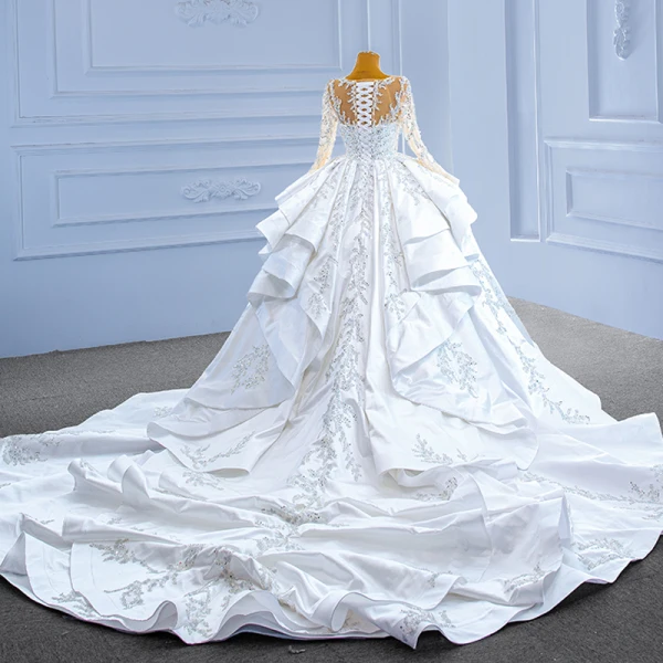 Luxury / Gorgeous High-end Handmade  Beading Pearl Sequins White Wedding Dresses 2022 Ball Gown Cascading Ruffles Scoop Neck Long Sleeve Royal Train Wedding