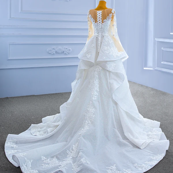High End Weiß Perlenstickerei Spitze Blumen Fallende Rüsche Brautkleider / Hochzeitskleider 2022 Meerjungfrau Rundhalsausschnitt Lange Ärmel Hof-Schleppe Hochzeit