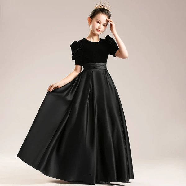 Elegant Black Suede Satin Birthday Flower Girl Dresses 2022 Ball Gown Scoop Neck Short Sleeve Sash Floor-Length / Long Flower Girl Dresses