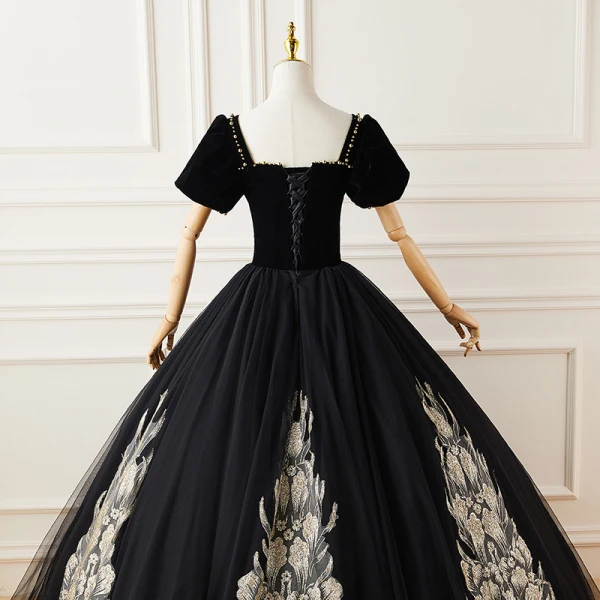 Elegant Black Suede Prom Dresses 2022 Ball Gown Square Neckline Puffy Short Sleeve Appliques Backless Floor-Length / Long Formal Dresses
