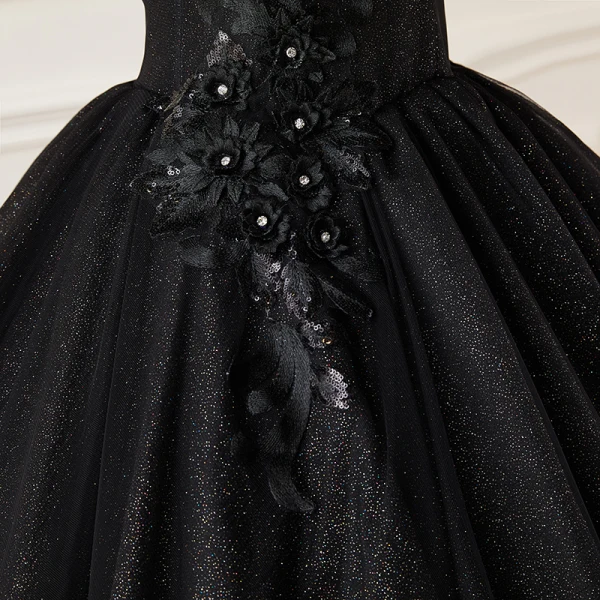 Élégant Noire Glitter Robe De Bal 2022 Robe Boule De l'épaule Faux Diamant Paillettes En Dentelle Fleur Manches Courtes Dos Nu Longue Robe De Bal