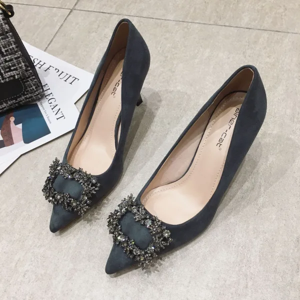 Schöne Schwarz Strass Wildleder Ball Pumps 2022 8 cm Stilettos Spitzschuh Pumps Hochhackige