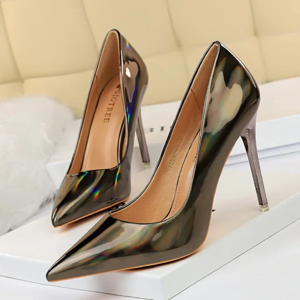 Unusual Black Metal Patent Leather Cocktail Party Pumps 2022 10 cm Stiletto Heels Pointed Toe Pumps High Heels