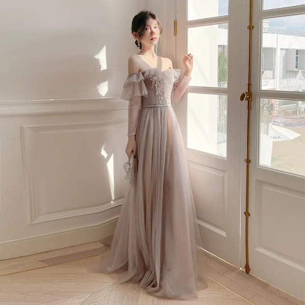Chic / Beautiful Lace Flower Sequins Dusky Pink Bridesmaid Dresses 2022 A-Line / Princess Short Sleeve Backless Sash Floor-Length / Long Bridesmaid Dresses